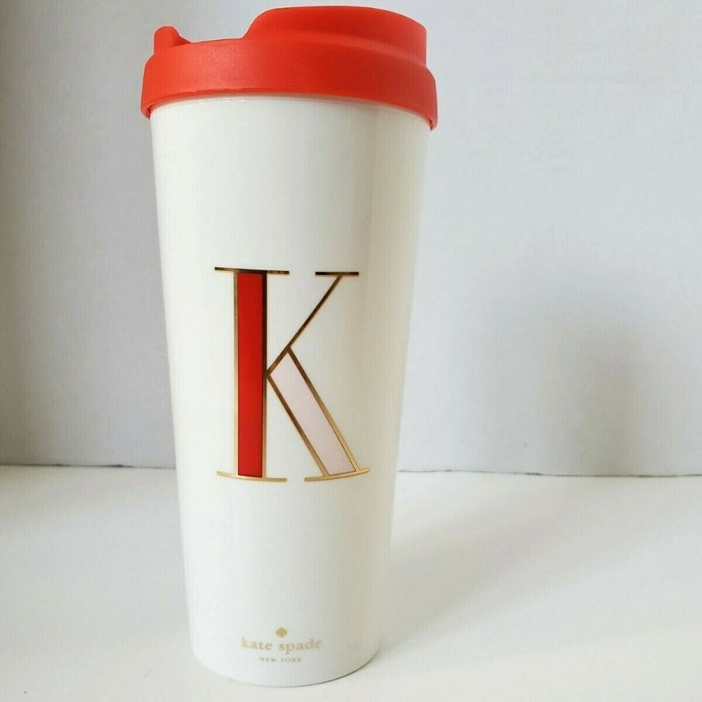 Kate Spade "K" Red Gold White Travel Thermal Tumbler Hot/Cold Coffee Tea NWOT
